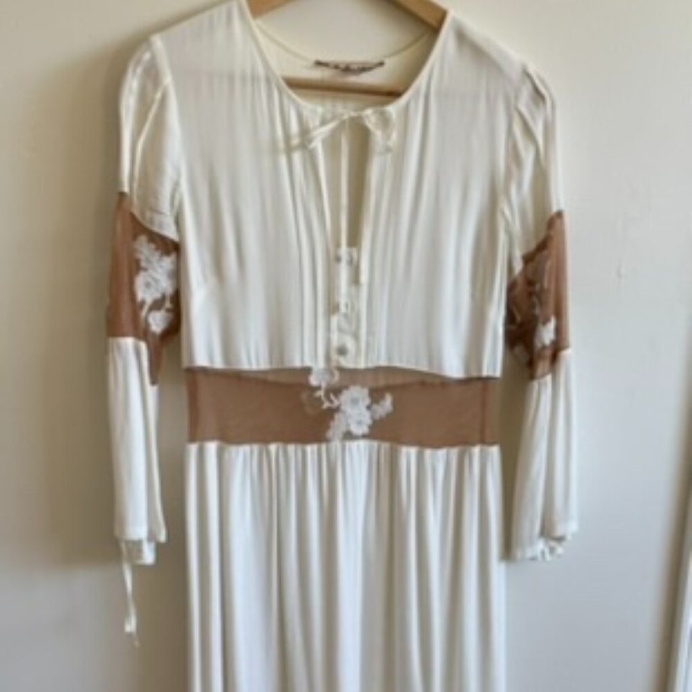 For Love & Lemons Ivory and Tan Maxi Dress with Lace Insets